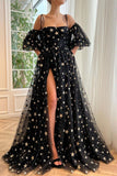 A-Line Tulle Black Long Prom Dress Black Tulle Formal Dress PSK311