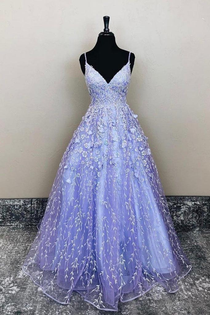 A-Line V-Neck Lavender Lace Floral Long Prom Evening Dress PSK385 US12 / As Picture A-Line V-Neck Lavender Lace Floral Long Prom Evening Dress PSK385 US12 / As Picture