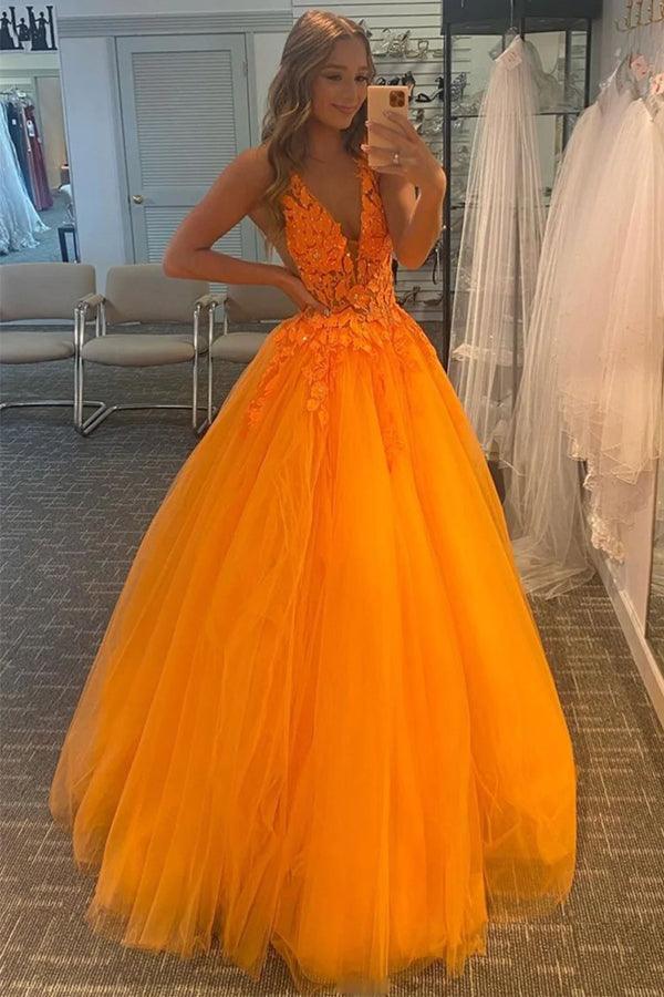 A-Line V-Neck Orange Long Prom Dress With Lace Appliques PSK350 Custom Size / Custom Color A-Line V-Neck Orange Long Prom Dress With Lace Appliques PSK350 Custom Size / Custom Color
