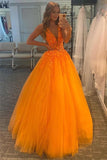 A-Linie, V-Ausschnitt, langes orangefarbenes Ballkleid mit Spitzenapplikationen PSK350