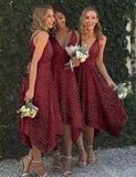 A-Line V-Neck Pearl Pink Lace Bridesmaid/Prom/Homecoming Dress BD053 - Pgmdress
