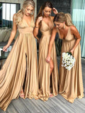 A-Line V-Neck Sweep Train Straw Spandex Prom Party Dress with Split PG658 - Pgmdress