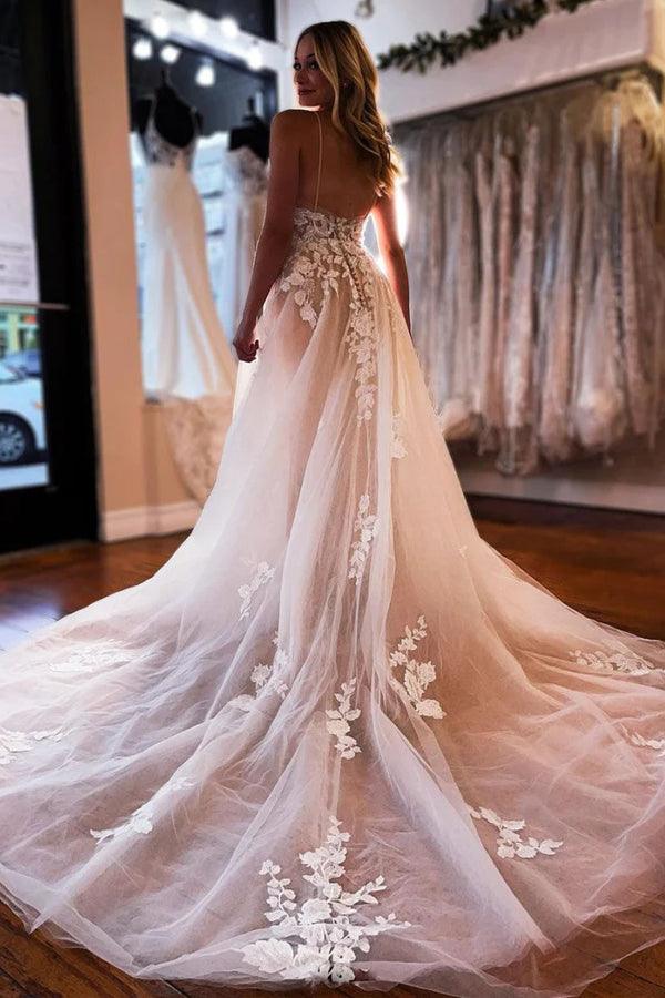 A-line V Neck Light Champagne Tulle Ivory Lace Wedding Dress WD595 - Pgmdress
