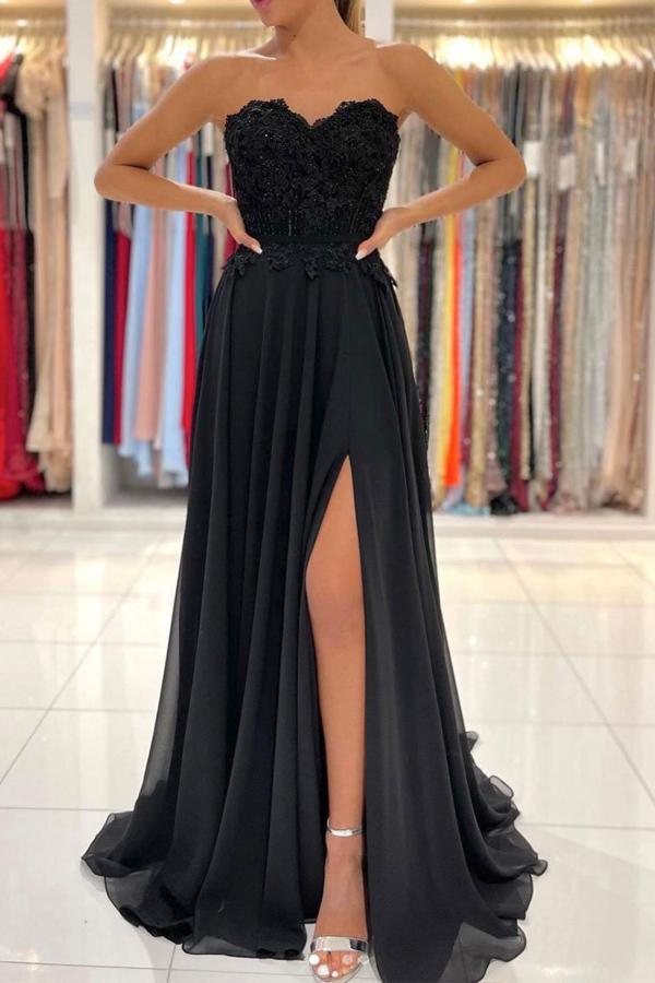 pgmdress A-Line Black Tulle Sweetheart Long Prom Dress Split Evening Dress US2 / Custom Color