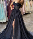 A-line Tulle Sweetheart Black Long Prom Dress Split Dress PSK305-Pgmdress