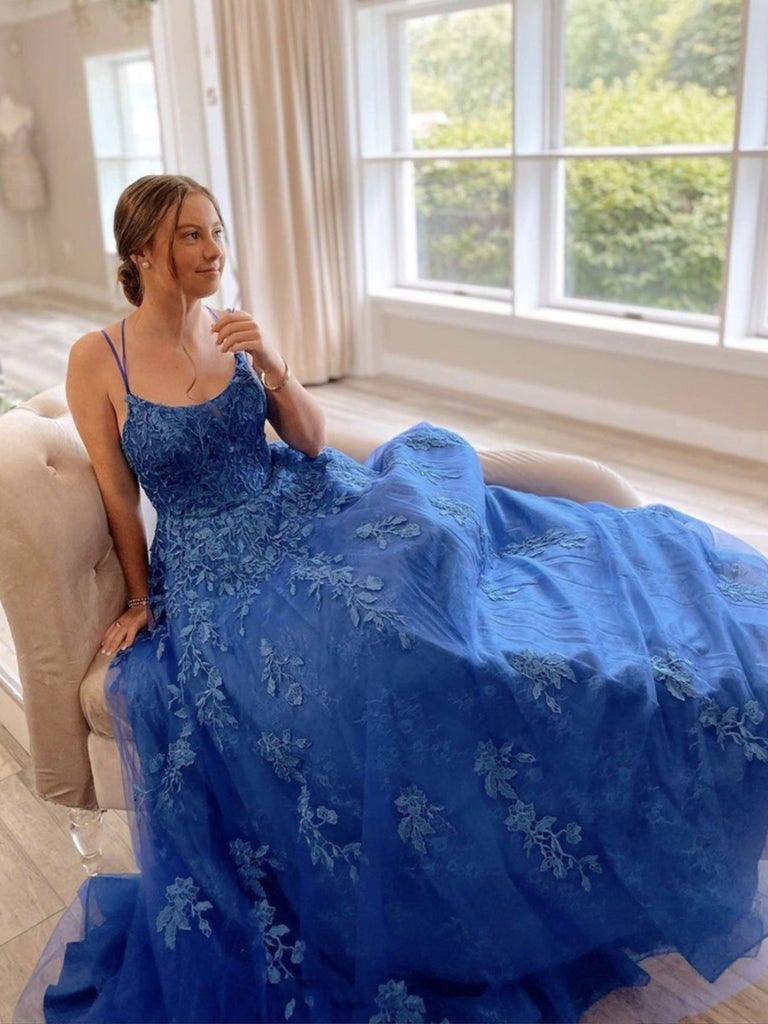 A-line Blue Round Neck Lace Prom Dress Lace Up Evening Dress PSK277 - Pgmdress