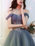 A-line Gray Tulle Long Prom Dress Off The Shoulder Evening Dress PSK287 - Pgmdress