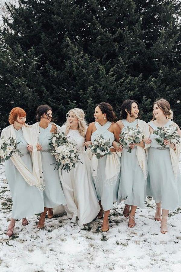A-line Halter Pleated Chiffon Sleeveless Tea Length Bridesmaid Dresses BD085 - Pgmdress