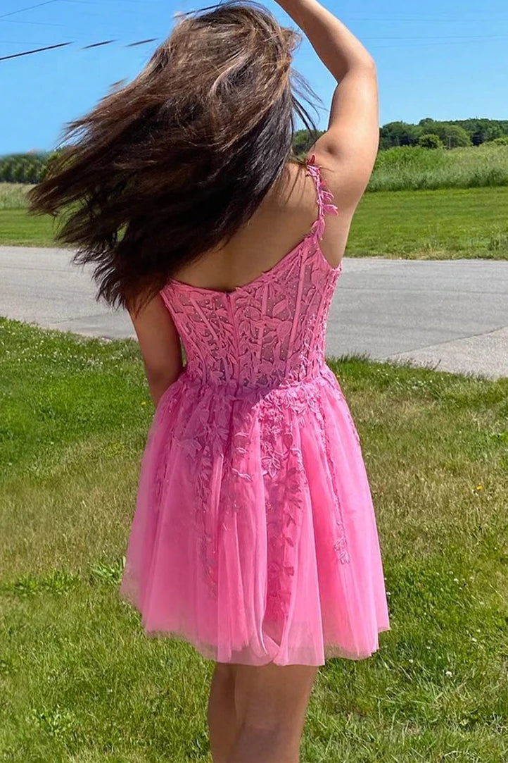 A-line Hot Pink Lace Appliques Party Dress Homecoming Dress PD460 - Pgmdress