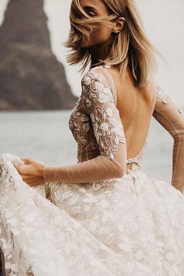 A-line Long Sleeves Wedding Dresses Lace V Neckline Bridal Gowns WD584 - Pgmdress