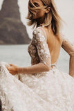A-line Long Sleeves Wedding Dresses Lace V Neckline Bridal Gowns WD584 - Pgmdress