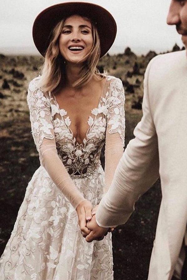 A-line Long Sleeves Wedding Dresses Lace V Neckline Bridal Gowns WD584 - Pgmdress