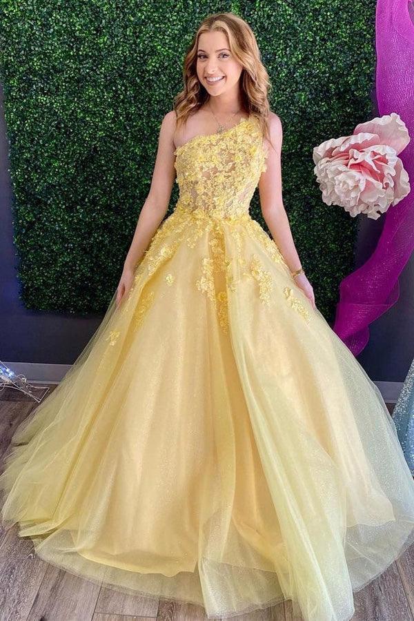 A-line One Shoulder Tulle Sleeveless Yellow Long Prom Dress PSK292 US14 / Custom Color A-line One Shoulder Tulle Sleeveless Yellow Long Prom Dress PSK292 US14 / Custom Color