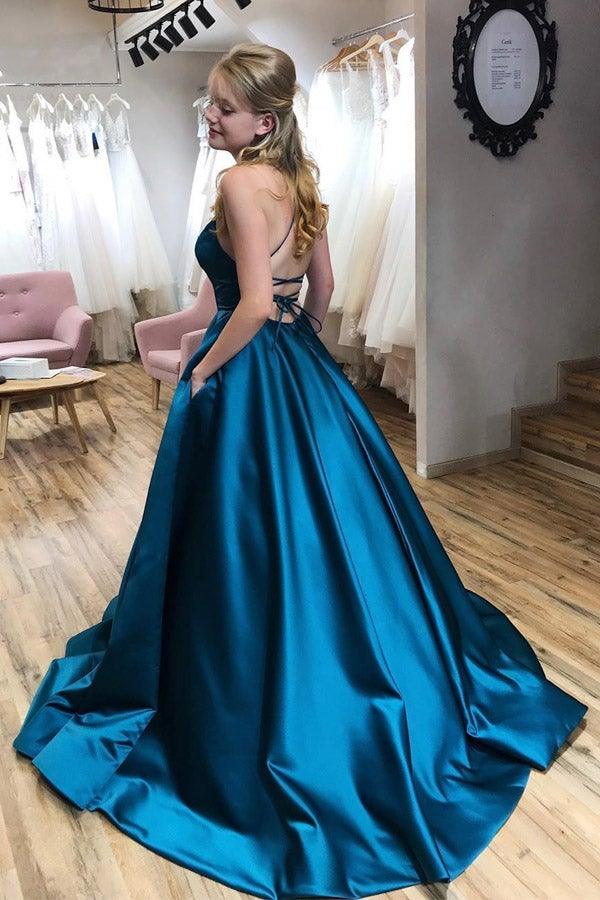 A-line Scoop Neck Simple Cross Straps Prom Dresses With Pockets PSK240 - Pgmdress