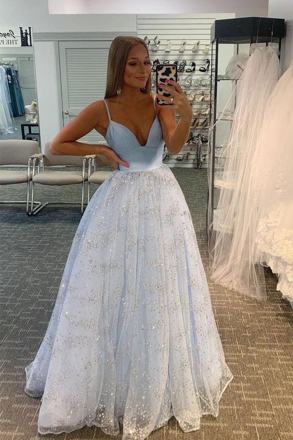 A-line Sparkly V-neck Spaghetti Straps Prom Dresses Formal Dresses PSK263 - Pgmdress