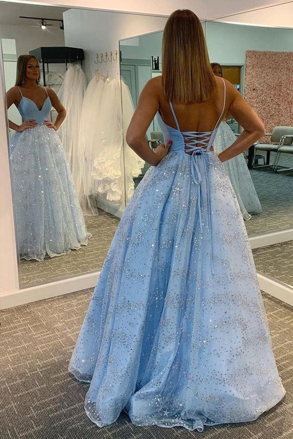 A-line Sparkly Lace V-neck Spaghetti Straps Prom Dresses Formal Dress US12 / Custom Color A-line Sparkly Lace V-neck Spaghetti Straps Prom Dresses Formal Dress US12 / Custom Color