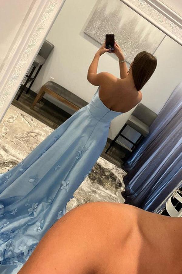 A-line Strapless Sky Blue Floral Long Prom Dresses Formal Dresses PSK302 - Pgmdress