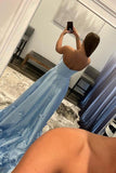 A-line Strapless Sky Blue Floral Long Prom Dresses Formal Dresses PSK302 - Pgmdress
