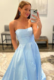 A-line Strapless Sky Blue Floral Long Prom Dresses Formal Dresses PSK302 - Pgmdress