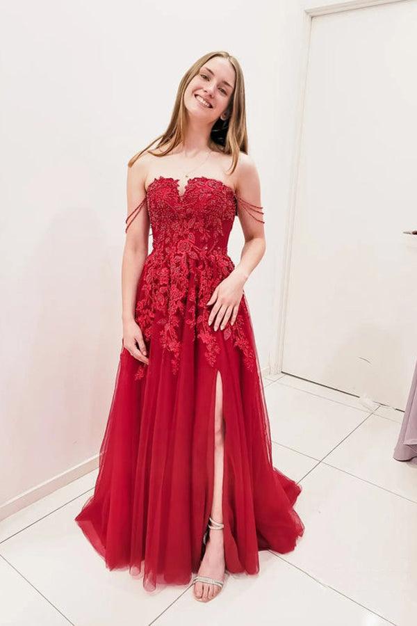 A-Line Sweep Train Burgundy Prom Dress with Beaded Sequins PSK295 US18 / Custom Color A-Line Sweep Train Burgundy Prom Dress with Beaded Sequins PSK295 US18 / Custom Color