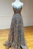 A-line Tulle Straps Sequins Lace Prom Dress Split Evening Dress PSK298 - Pgmdress