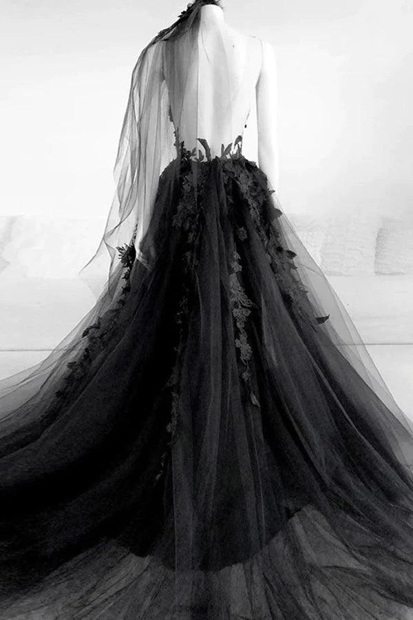 A-line V Neck Black Long Prom Dress Floral Evening Dress PSK431-Pgmdress