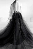 A-line V Neck Black Long Prom Dress Floral Evening Dress PSK431-Pgmdress