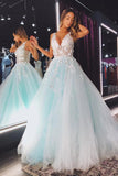 A-line V Neck Tulle Lace Floral Long Prom Dress Formal Dress PSK347 - Pgmdress