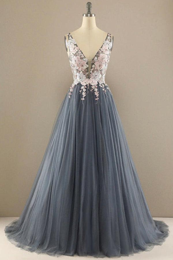 A-line V Neck Tulle Prom Dress Floral Lace Formal Dress PSK323 - Pgmdress