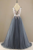 A-line V Neck Tulle Prom Dress Floral Lace Formal Dress PSK323 - Pgmdress