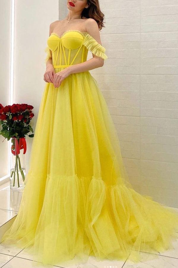 A-line Yellow Off The Shoulder Tulle Long Prom Dress Evening Dress PSK294 - Pgmdress