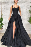 Robe de bal longue noire fendue en taffetas avec poches PSK368
