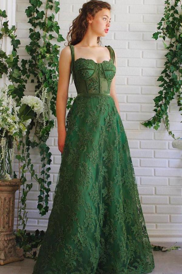 A Line Dark Green Lace Prom Dresses Spaghetti Straps Neck Formal Dress –  Pgmdress