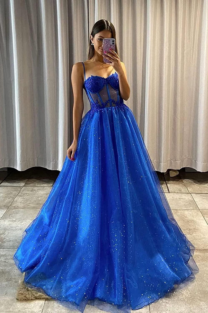 A Line Shiny Royal Blue Tulle Sweetheart Formal Prom Dress PSK404 - Pgmdress