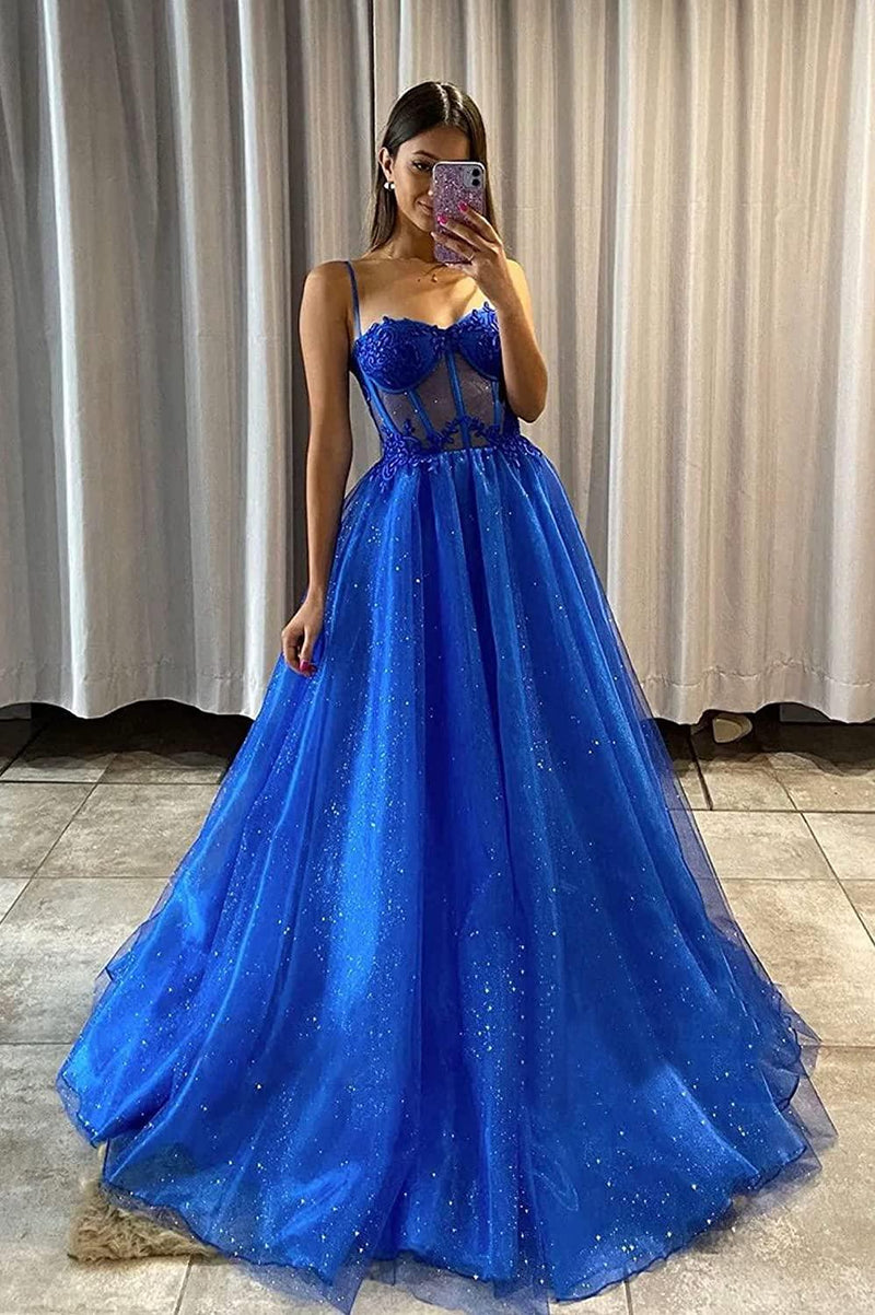 A Line Shiny Royal Blue Tulle Sweetheart Formal Prom Dress PSK404 - Pgmdress