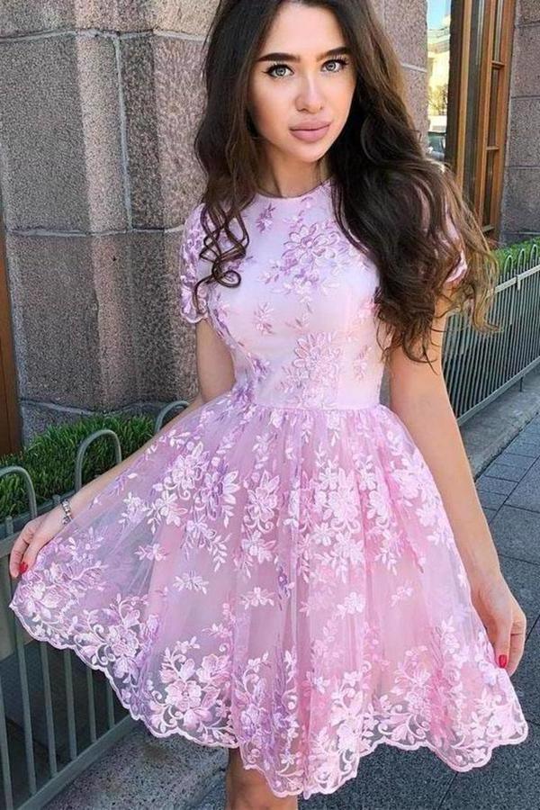 A Line Short Sleeve Lace Short Prom Dress Homecoming Dress PD451 US0 / Fuchsia A Line Short Sleeve Lace Short Prom Dress Homecoming Dress PD451 US0 / Fuchsia