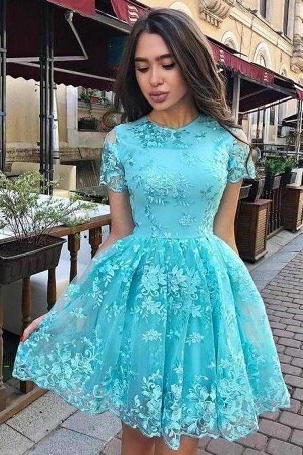 A Line Short Sleeve Lace Short Prom Dress Homecoming Dress PD451 US4 / Turquoise A Line Short Sleeve Lace Short Prom Dress Homecoming Dress PD451 US4 / Turquoise