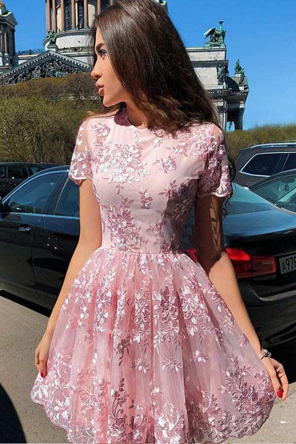 A Line Short Sleeve Lace Short Prom Dress Homecoming Dress PD451 US6 / Custom Color A Line Short Sleeve Lace Short Prom Dress Homecoming Dress PD451 US6 / Custom Color
