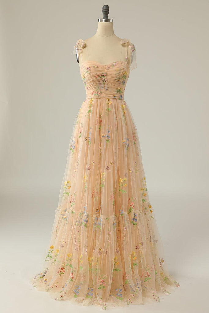 A Line Spaghetti Straps Champagne Prom Dress with Appliques PSK331 - Pgmdress