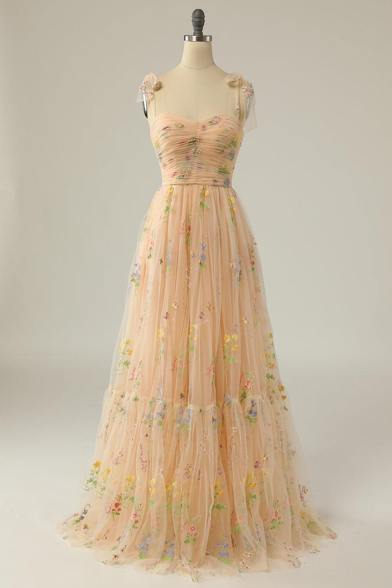 A Line Spaghetti Straps Champagne Prom Dress with Appliques PSK331 - Pgmdress
