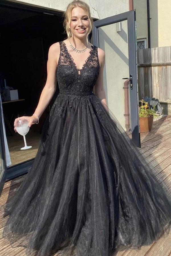 A Line V Neck Black Tulle Prom Dress Black Formal Dress PSK370 US16 / As Picture A Line V Neck Black Tulle Prom Dress Black Formal Dress PSK370 US16 / As Picture