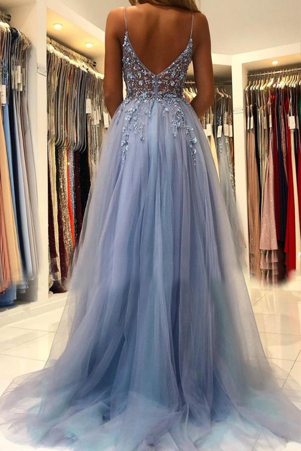 A Line V Neck Blue Tulle Long Prom Dresses Formal Dress With Beading PSK249 - Pgmdress