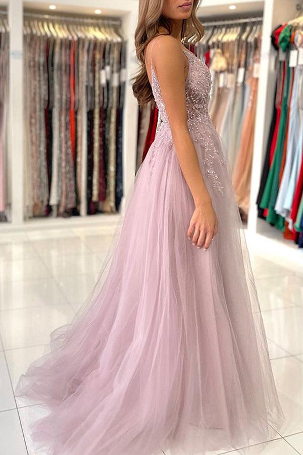 A Line V Neck Blue Tulle Long Prom Dresses Formal Dress With Beading PSK249 - Pgmdress