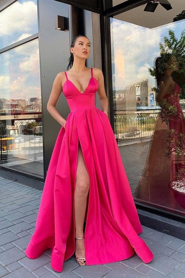 Simple A Line V Neck Satin Split Hot Pink Prom Dress PSK045 – Pgmdress