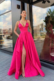 Simple A Line V Neck Satin Split Hot Pink Prom Dress  PSK045