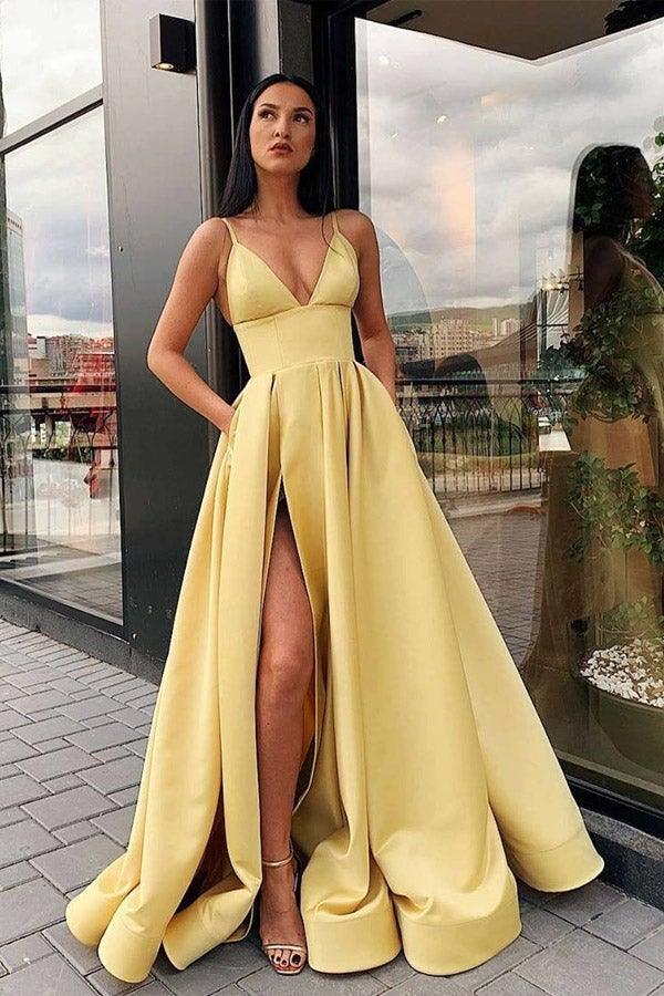 Simple A Line Satin Split Hot Pink Prom Dress Party Dress PSK045 US2 / Yellow Simple A Line Satin Split Hot Pink Prom Dress Party Dress PSK045 US2 / Yellow