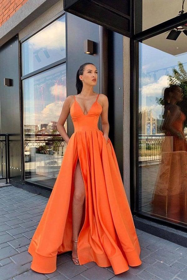 Simple A Line Satin Split Hot Pink Prom Dress Party Dress PSK045 US4 / Orange Simple A Line Satin Split Hot Pink Prom Dress Party Dress PSK045 US4 / Orange