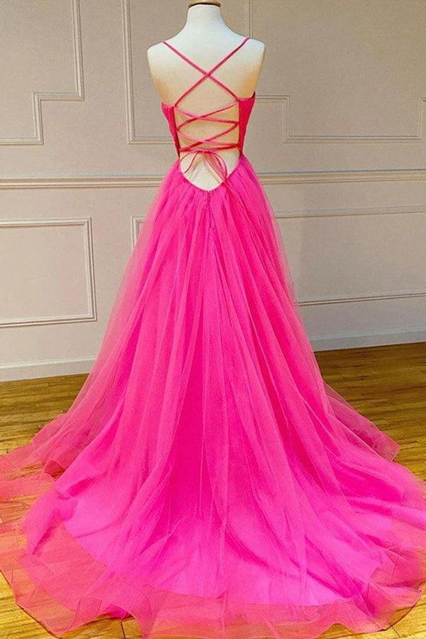 A Line V Neck Hot Pink Tulle Prom Dresses Formal Dresses PSK170 - Pgmdress