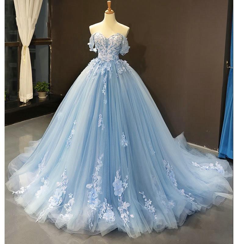 Baby Blue Off Shoulder Prom Dresses 3D Flowers Applique Ball Gowns PSK248 - Pgmdress