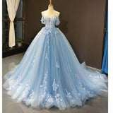 Baby Blue Off Shoulder Prom Dresses 3D Flowers Applique Ball Gowns PSK248 - Pgmdress